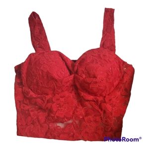 Red Lace Bustier Crop Top - Size XS